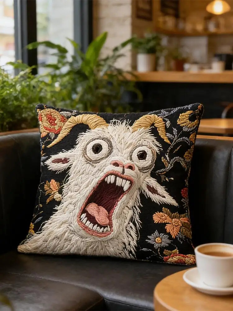 Screaming Goat Embroidered Style Printed Pillow Cover Short Plush Polyester Cushion Case Funny Animal Pillowcase Home Decor